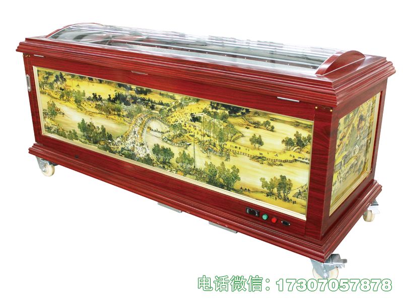上翻侧开水晶棺采用上翻+侧开双开门设计，存取便捷，水晶盖板通透，恒温保鲜稳定，外观庄重，适配各类殡葬场景，灵活性强。