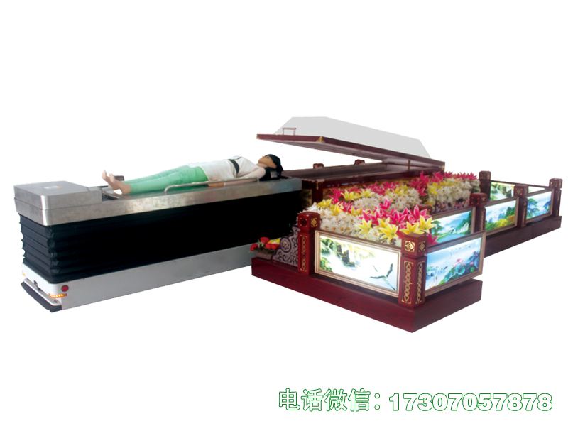 AGV对接瞻仰台是殡葬智能AGV遗体对接瞻仰设备，搭载AGV对接系统，可实现遗体自动对接转运，结构坚固、外观庄重，台面稳固防滑，便于亲友瞻仰，运维便捷，符合殡葬行业智能化、规范化作业标准。